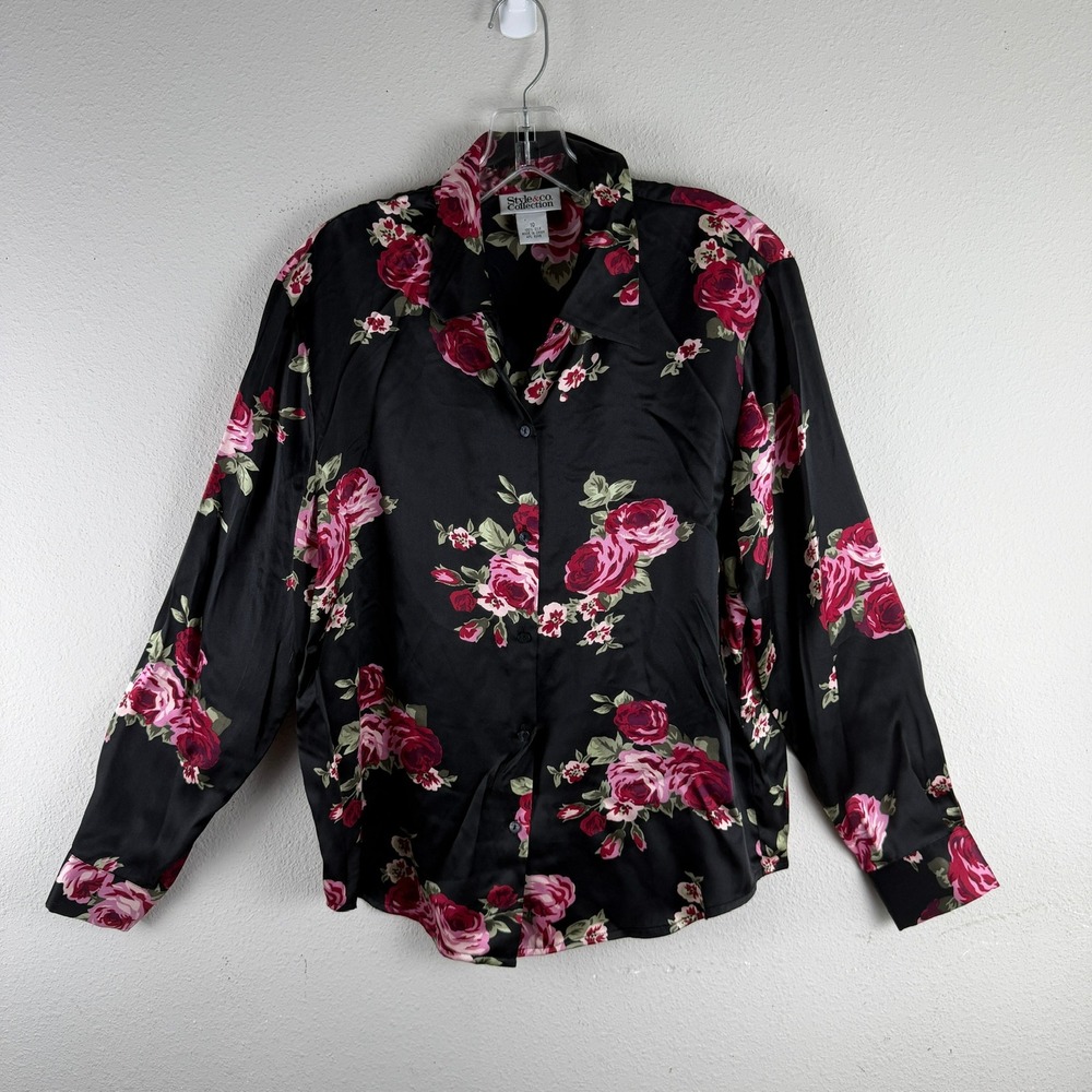 Style & Co. Silk Floral Button Up Shirt 10 Black Pink Rose Vintage Romantic Chic